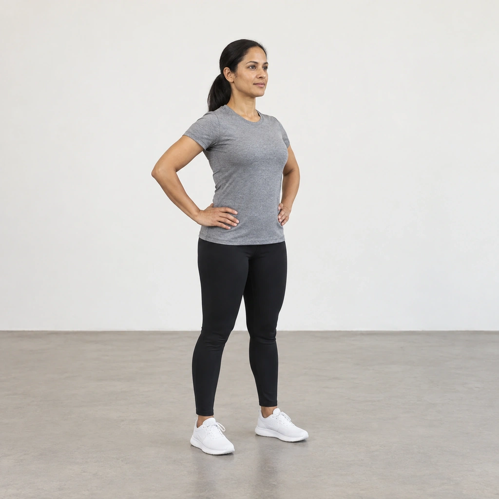 A woman standing upright with feet shoulder-width apart, both hands on her hips, shoulder blades drawn together, in a plain room with no furniture or support nearby.
