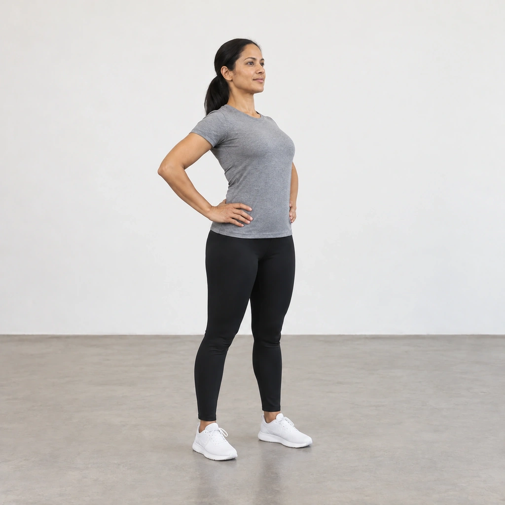 The same woman standing with feet shoulder-width apart, hands still on her hips, her trunk bent backward from the low back while her hips and knees stay in the same place.