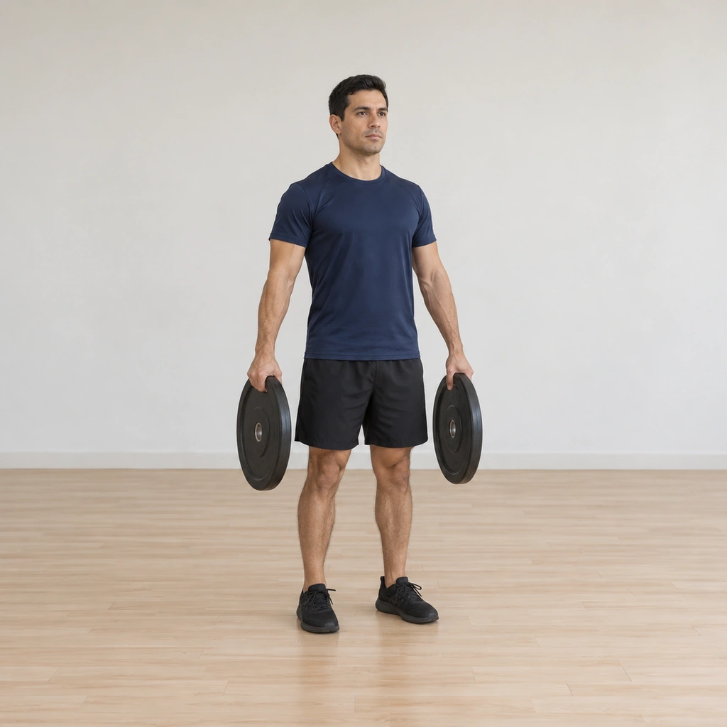 He stands tall, holding a weight plate by its ridge in each hand at arm level beside his thighs, palms facing in, fingers closed around the ridge.