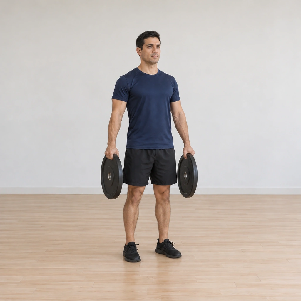 He closes his hands around the ridges, gripping hard to raise the plates back up toward the arm-level line.