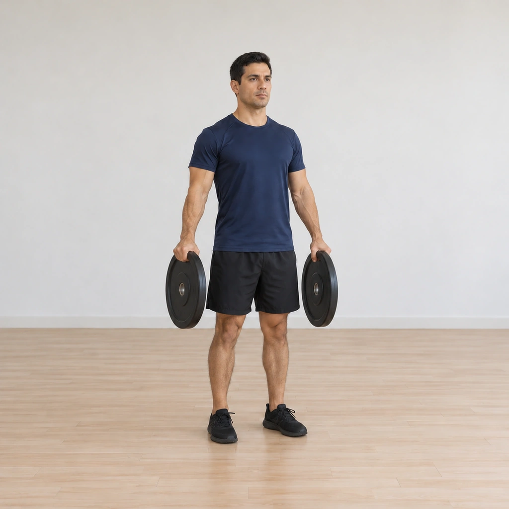He stands tall with the plates held at arm level again, fingers closed firmly around the ridges, settled at the top of the rep.