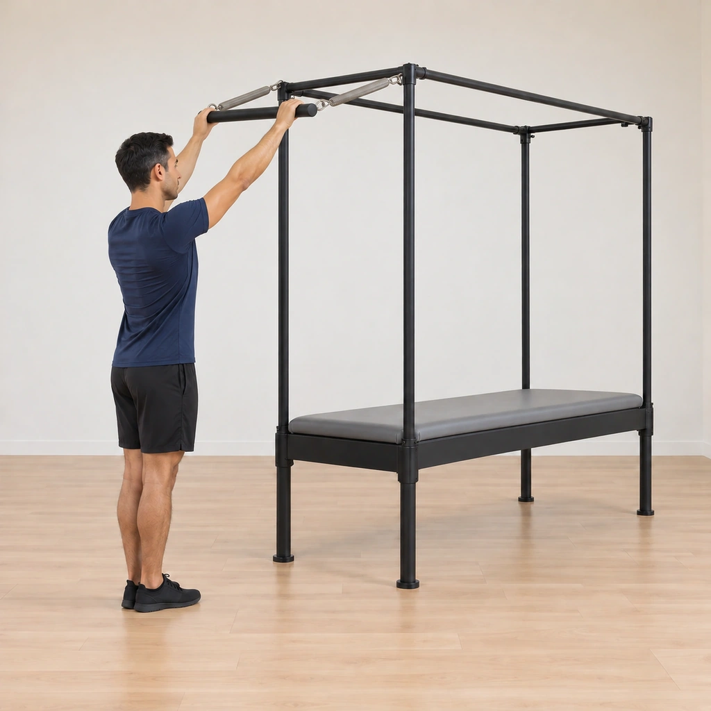 His arms have reached the bar straight up overhead, the top spring stretching to make space, his heels still grounded and his body tall.