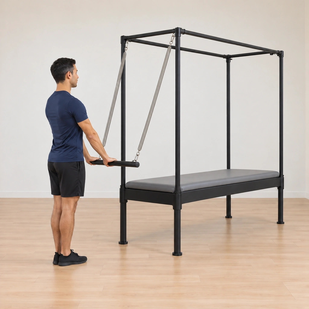 His arms have drawn the bar down and pressed it through in front of his thighs toward the floor, the spring opened below, his body still upright.