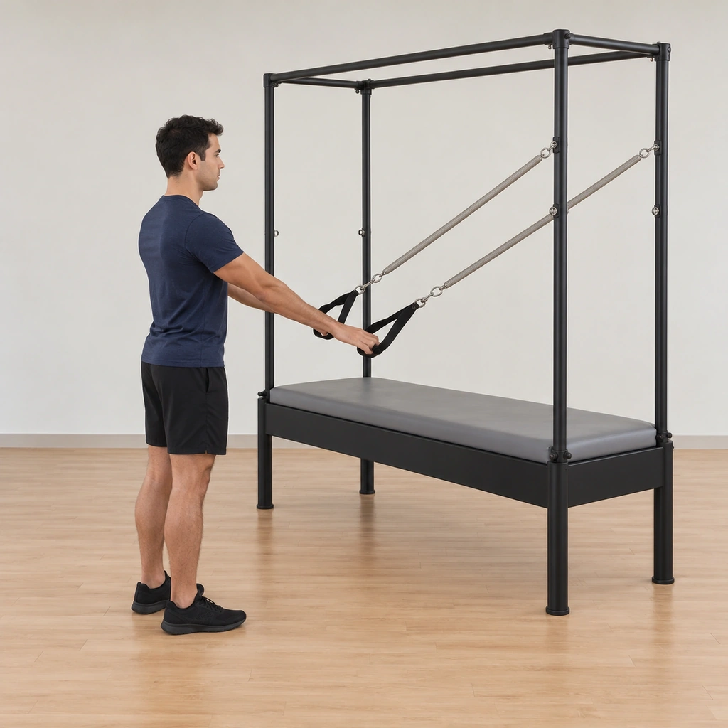 He stands facing the cadillac uprights with a loop handle in each hand, his legs parallel and apart with the knees soft, his hips stacked over his heels, his back long and his gaze down.