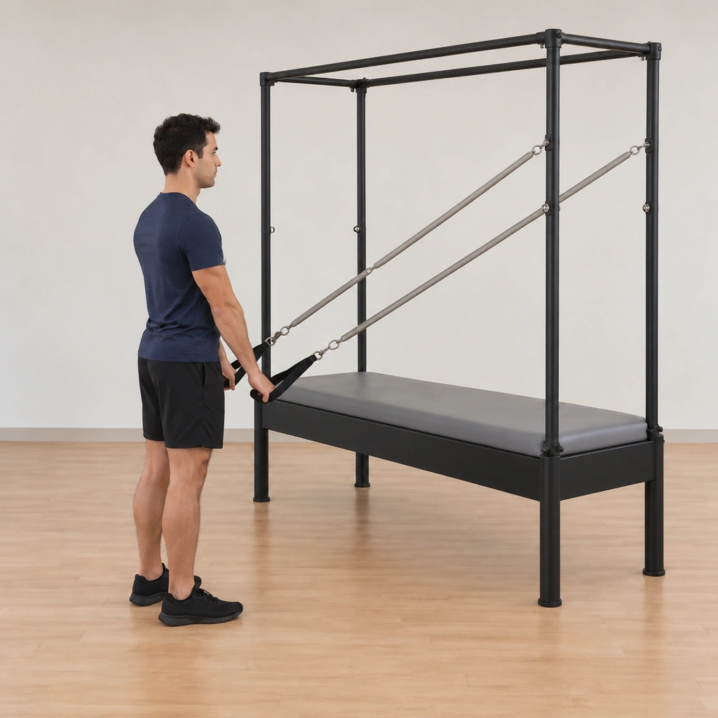 His arms have reached the spring handles down toward the floor under his shoulders, the springs drawing forward, his hips still over his heels and his back still long.
