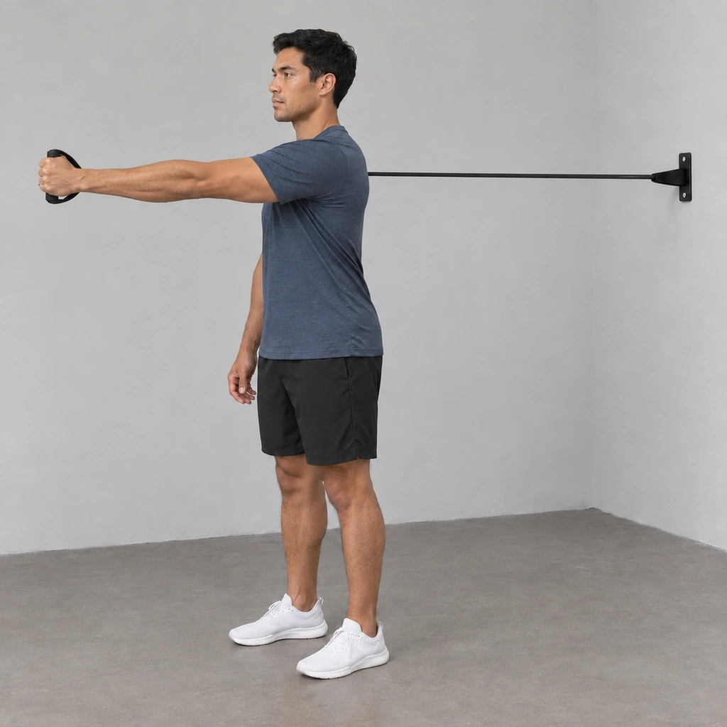 The same man, right arm now pushed further forward, the band stretched longer, his shoulder blade pressed forward.