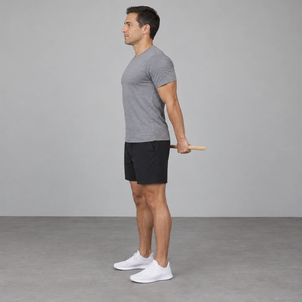 A man standing tall in profile with both arms straight down behind him, holding a wooden stick across the back of his hips in both hands.