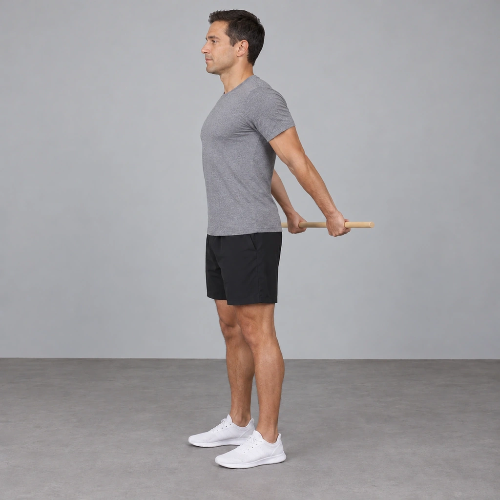 The same man standing tall in profile with both straight arms swung back so the stick is held clear of the back of his hips.