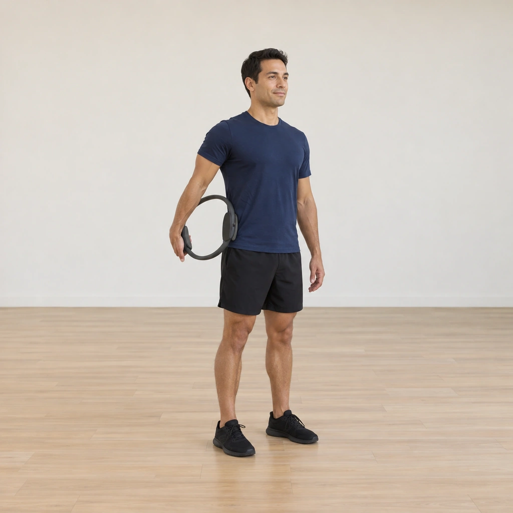A man stands tall with the magic circle pad resting on one hip, that arm long and straight on the pad, the other arm by his side.