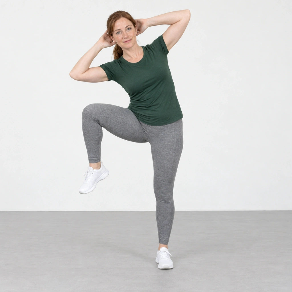 Woman standing on her left leg with hands behind her head, bending sideways to bring her right elbow down toward her right knee lifted out to the side.