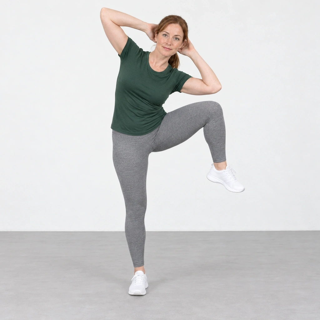 Woman standing on her right leg with hands behind her head, bending sideways to bring her left elbow down toward her left knee lifted out to the side.