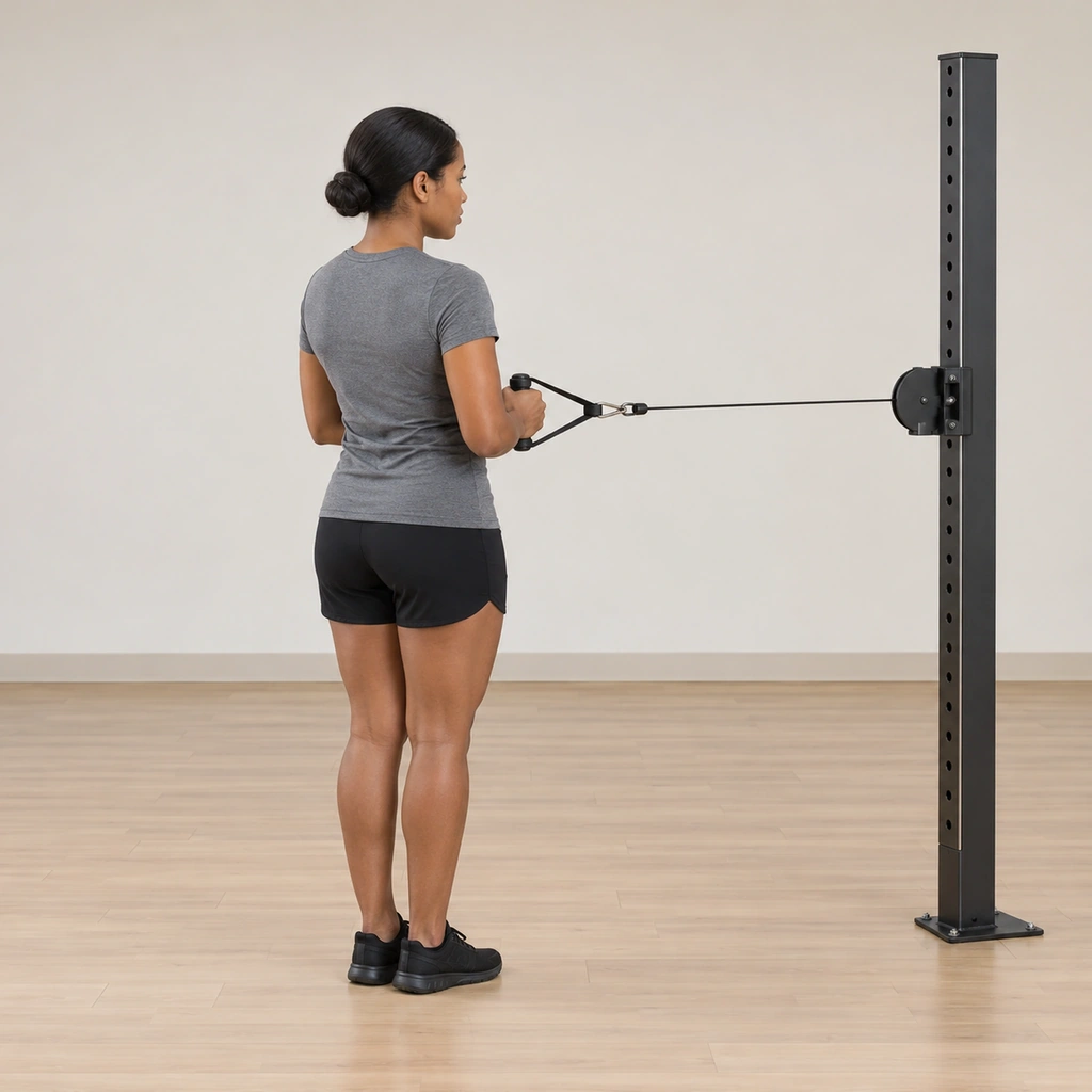 She stands tall with her right side toward the cable column, feet together, both hands holding the handle close at her midline just below chest height, her elbows bent, torso vertical and shoulders down and back.