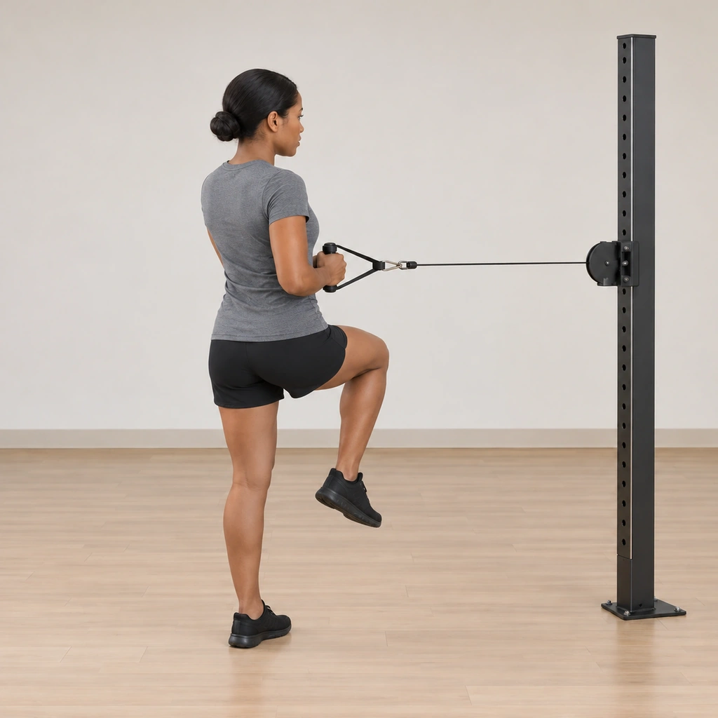 Her right (inside) foot is lifted clear of the floor with the knee softly flexed in front of her, her weight now fully on the left (outside) leg, her torso still vertical with no lean toward or away from the cable.