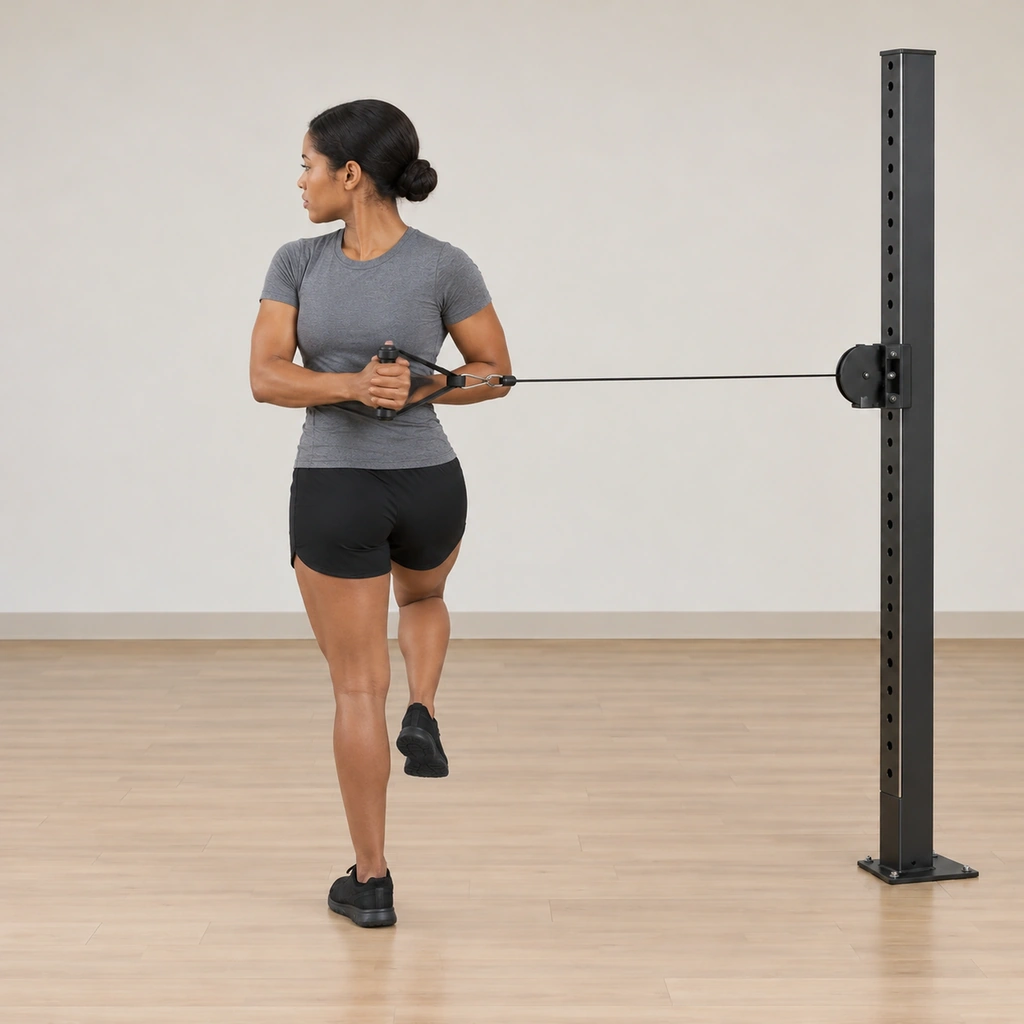 Her torso is turned away from the cable column so her chest now faces over her outside shoulder, her hands still at the midline and elbows bent, her lifted right leg and her left foot, knee and hips all unmoved.