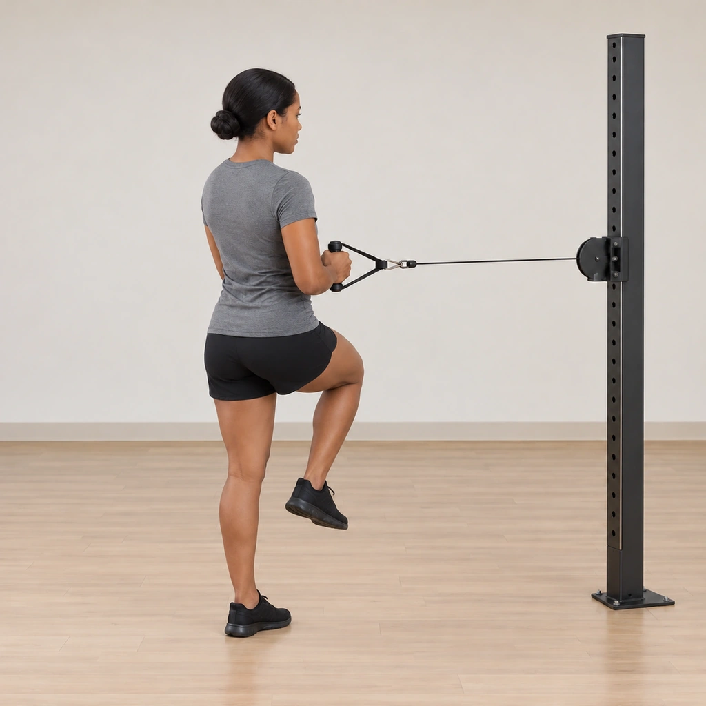 Her torso is squaring back toward the sideways facing, the chest rotating home under control, the inside leg still lifted and the balance still on the left leg, the handle easing back to the midline start.