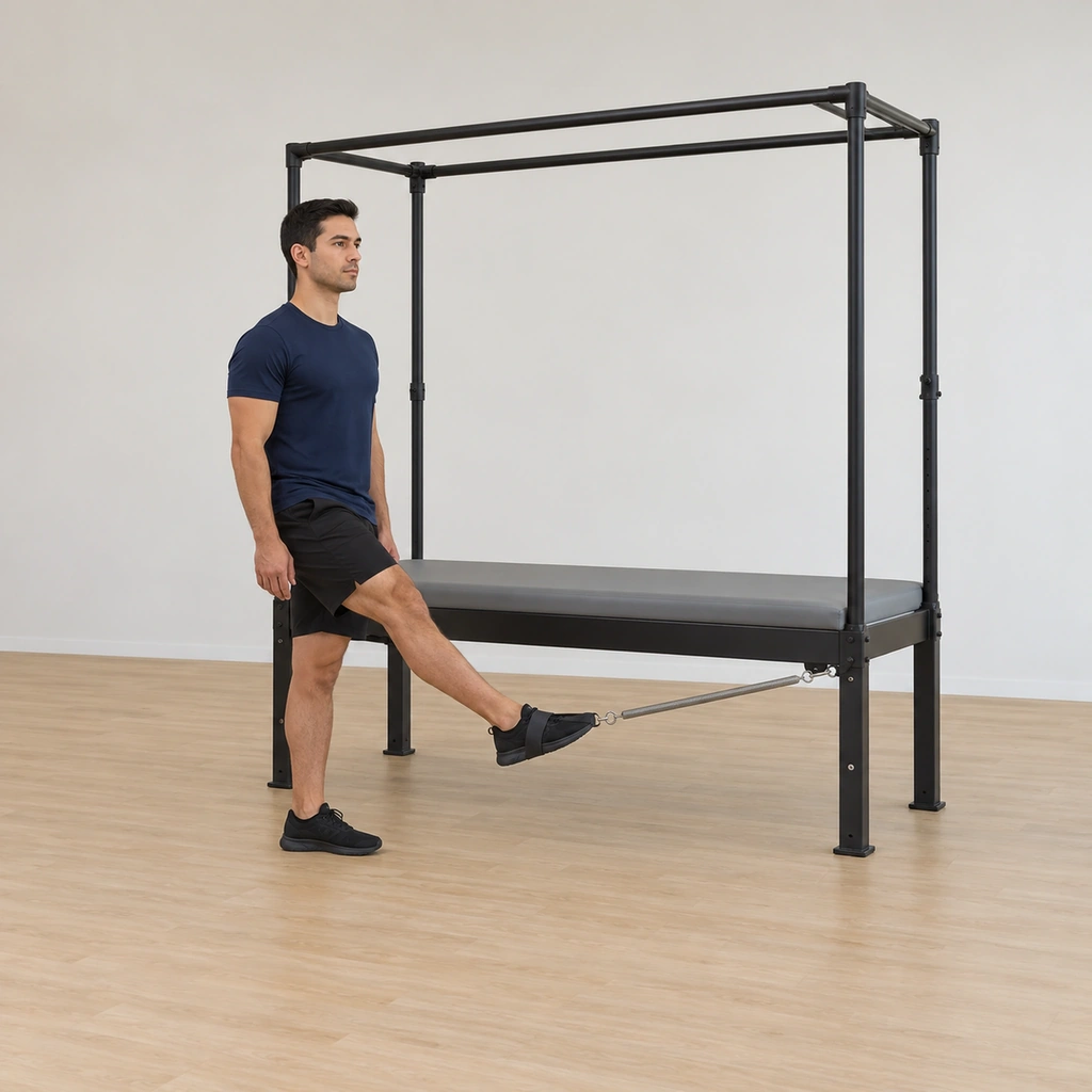 He stands on the floor beside the cadillac end with his side to it, the sprung loop on his outside foot's arch, his inside hand holding the upright pole for balance, his center tall and his standing foot rooted.