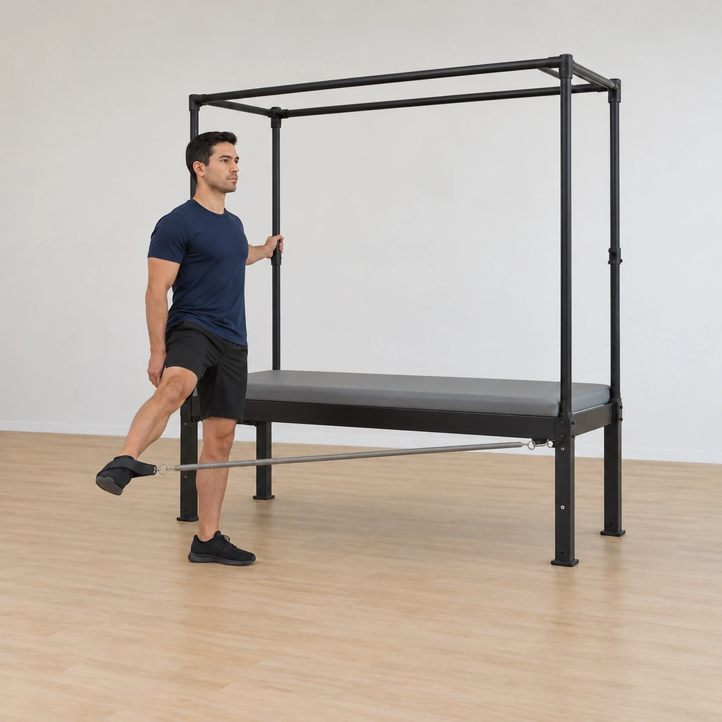 His looped leg is pressing straight out to the side, the spring drawn open, his body still over the standing leg, his hand on the pole and his center tall.