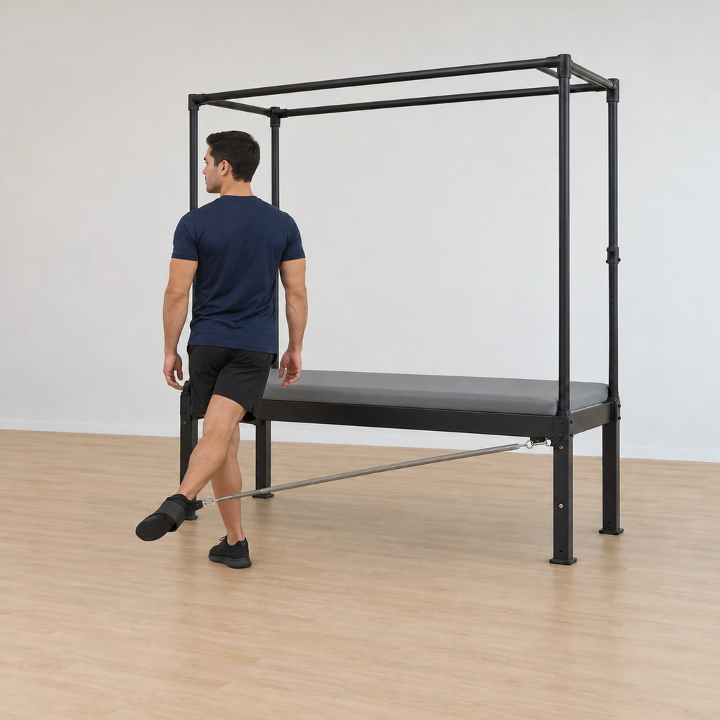 He has turned to face the opposite side, the loop still on his foot, the working leg crossing in front of the standing leg as it pulls the spring across, his center tall and his hands holding for balance.