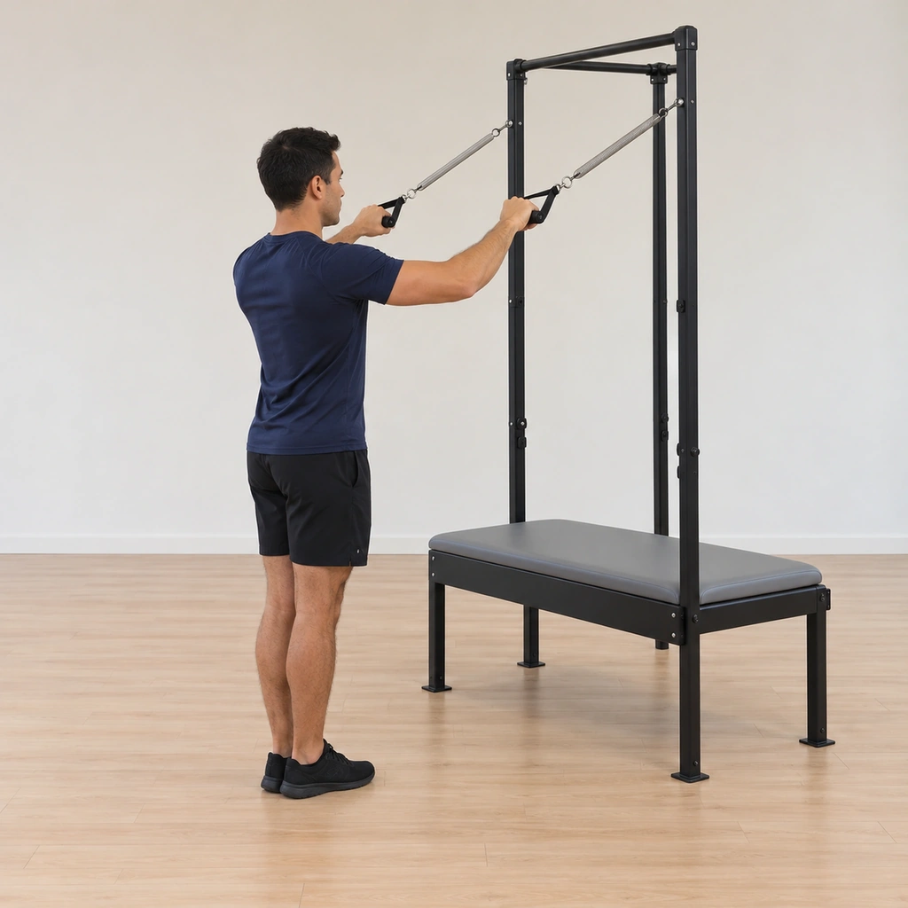 He stands facing the cadillac uprights with a loop handle in each hand, his heels together, his elbows bent greater than ninety degrees and held at shoulder height, his posture tall.