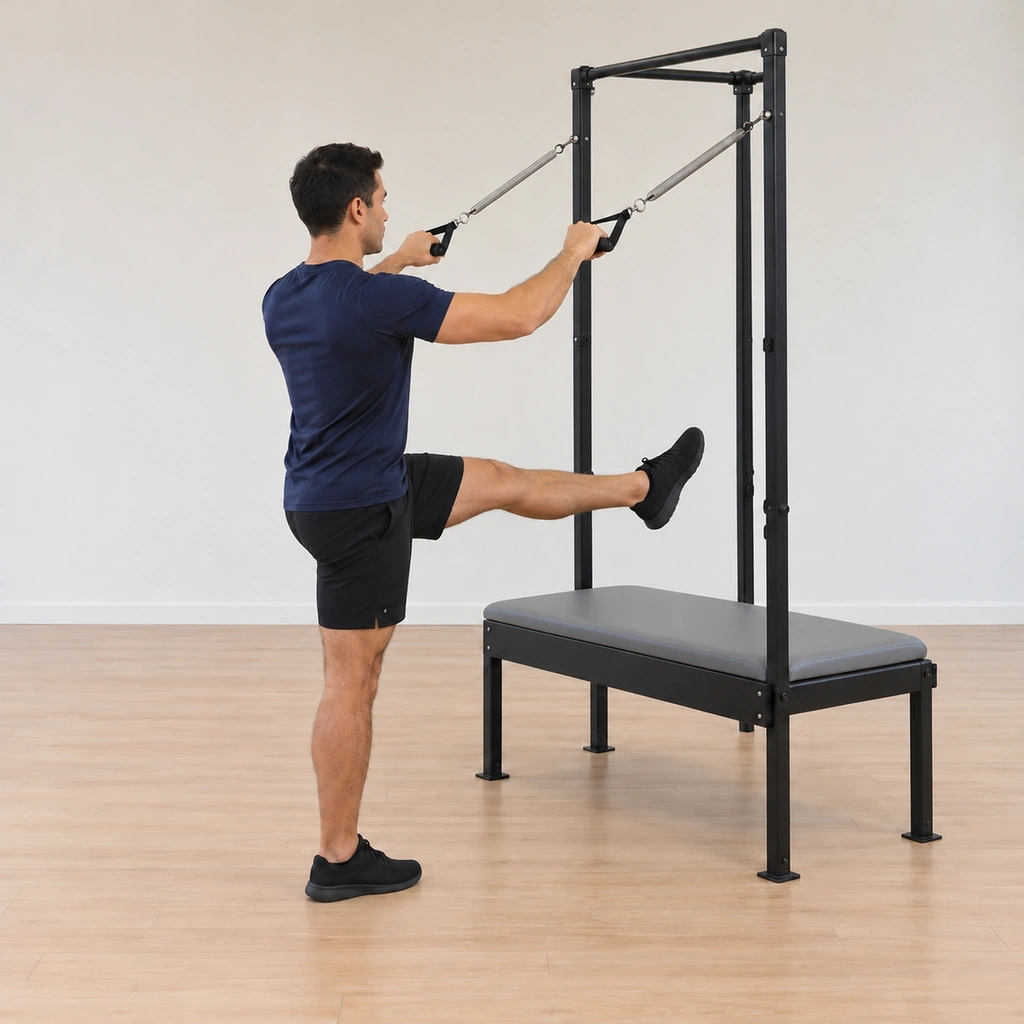 His right leg has reached straight out in front of him held at hip level parallel to the floor, his standing leg tall, his elbows still bent up at shoulder height and his posture unchanged.