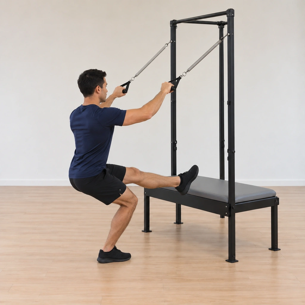 His standing leg has bent into as deep a single-leg squat as control allows while his right leg stays reached out at hip level, his elbows still held up and his trunk upright.