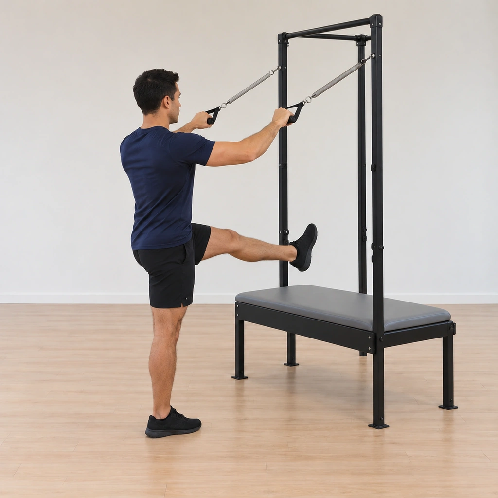 His standing leg has pressed him back up to a tall single-leg stand, his right leg still reached out at hip level, his elbows still at shoulder height.