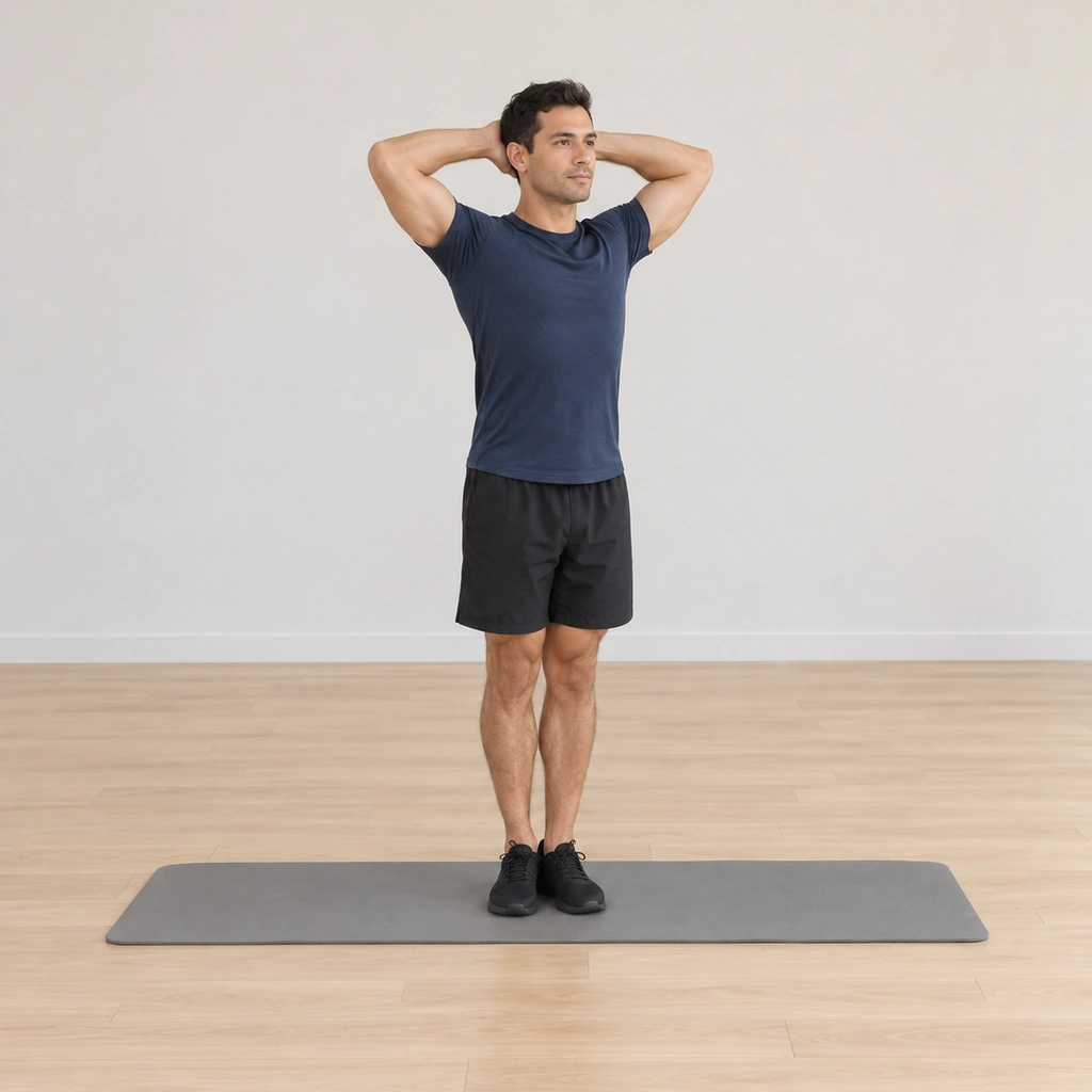 He stands tall on the mat with his heels pressed together, toes slightly apart, and his fingers interlaced behind his head.