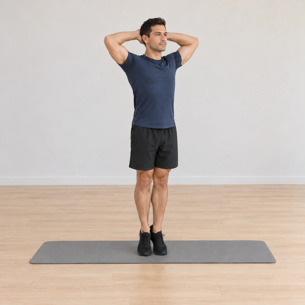 Still standing tall, his head presses back into his interlaced hands while his tailbone reaches down and his center draws upward.