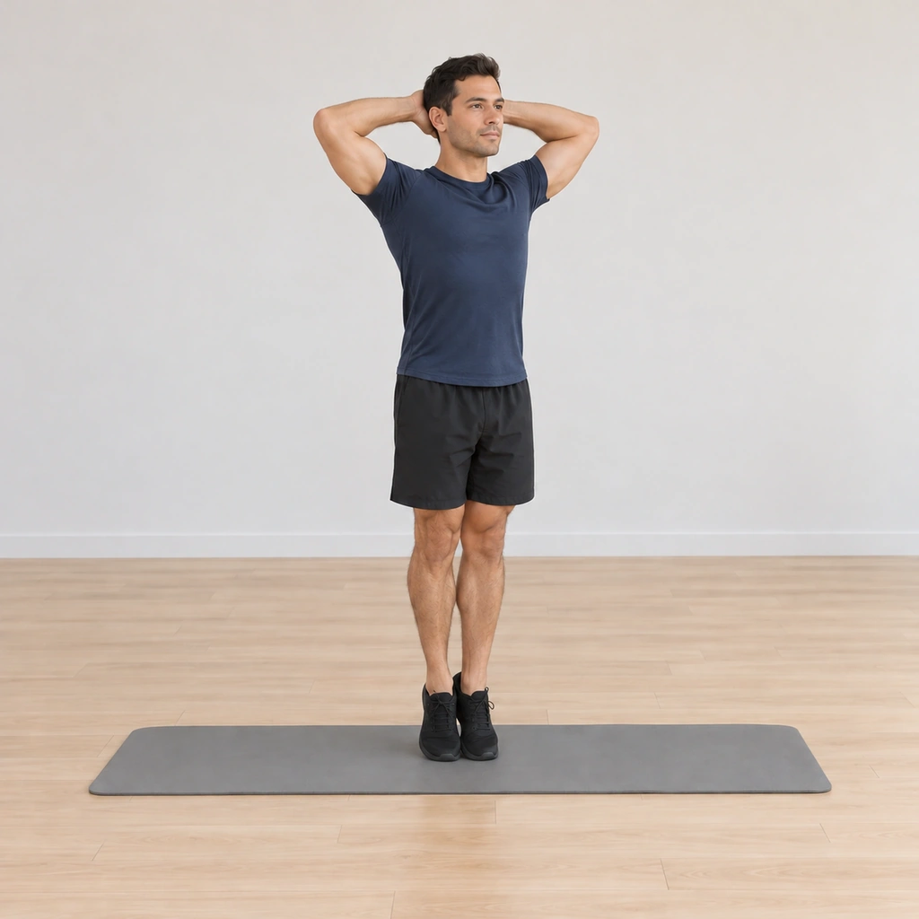 Both his heels are lifted off the mat still pressed together, his body rising onto the balls of his feet without any sway.