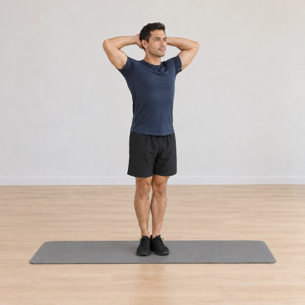 His heels lower back to the mat still hugged together, a light controlled tap rather than a drop, his posture unchanged.
