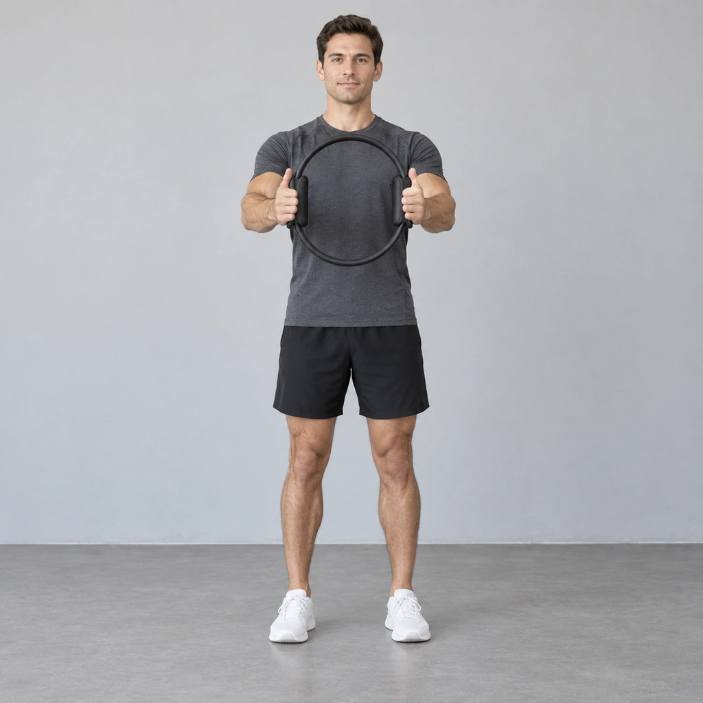 A man standing tall, holding a Pilates ring in front of his chest with both hands.