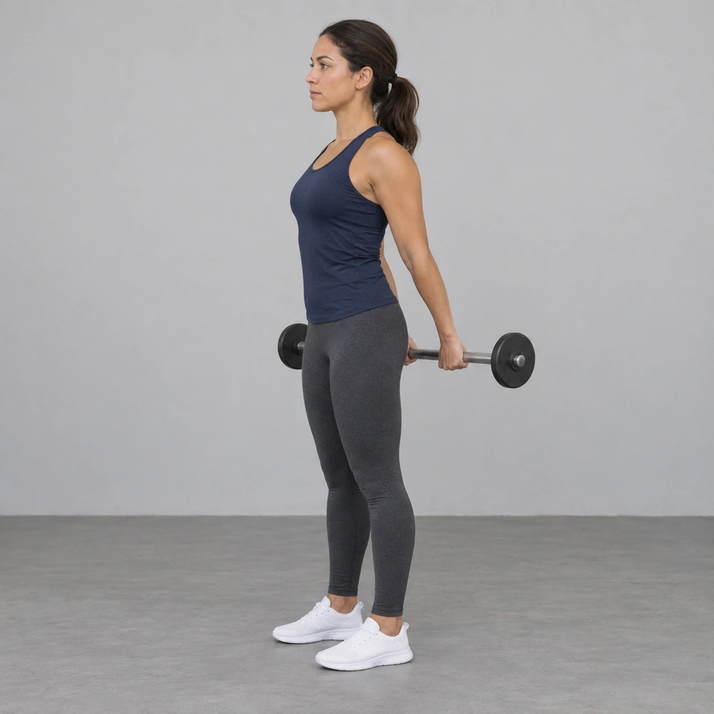 A woman standing tall in profile with both arms straight down behind her, holding a weighted bar just behind her buttocks in both hands.