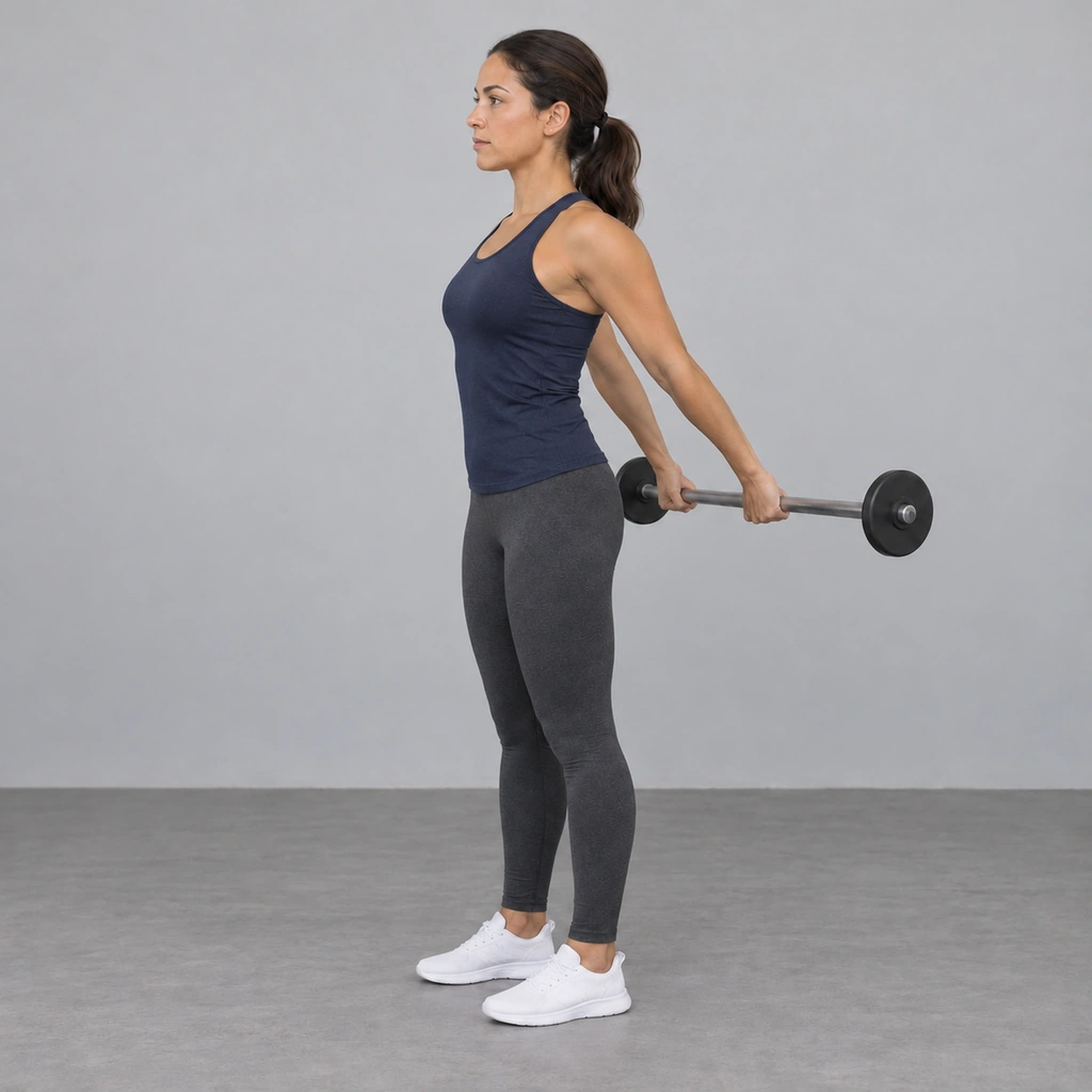 The same woman standing tall in profile with both straight arms swung back so the weighted bar is held clear of her buttocks.