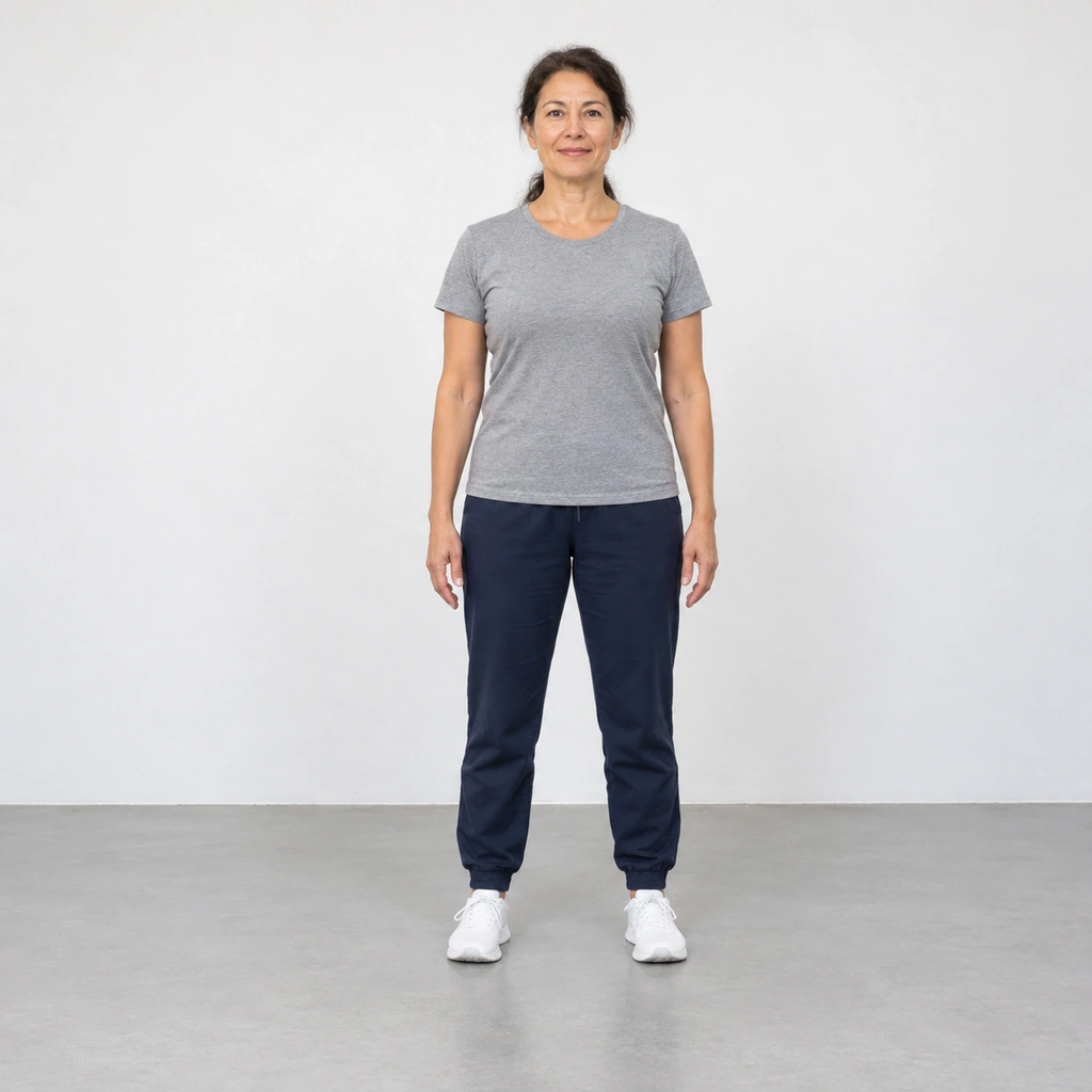 A woman standing upright with her feet hip-width apart and both arms hanging at her sides, facing the camera.