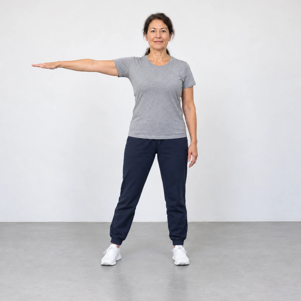 The same woman with her right foot slid out to the side and her right arm raised to shoulder height at the same time, her left arm and left foot staying in place.