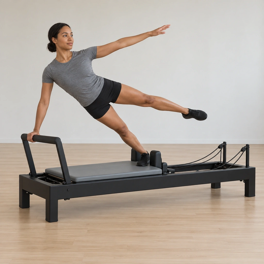 She is supported side-on across the reformer, one hand pressing toward the centre of the footbar, her standing leg angled on the carriage against the near shoulder block, her body lifted up and over the bar with her bottom hip raised.