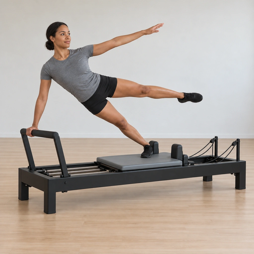 The carriage has slid out under her bottom leg's press while her top arm and top leg lift toward the ceiling, making the star line across her side, her bottom hip still lifted.