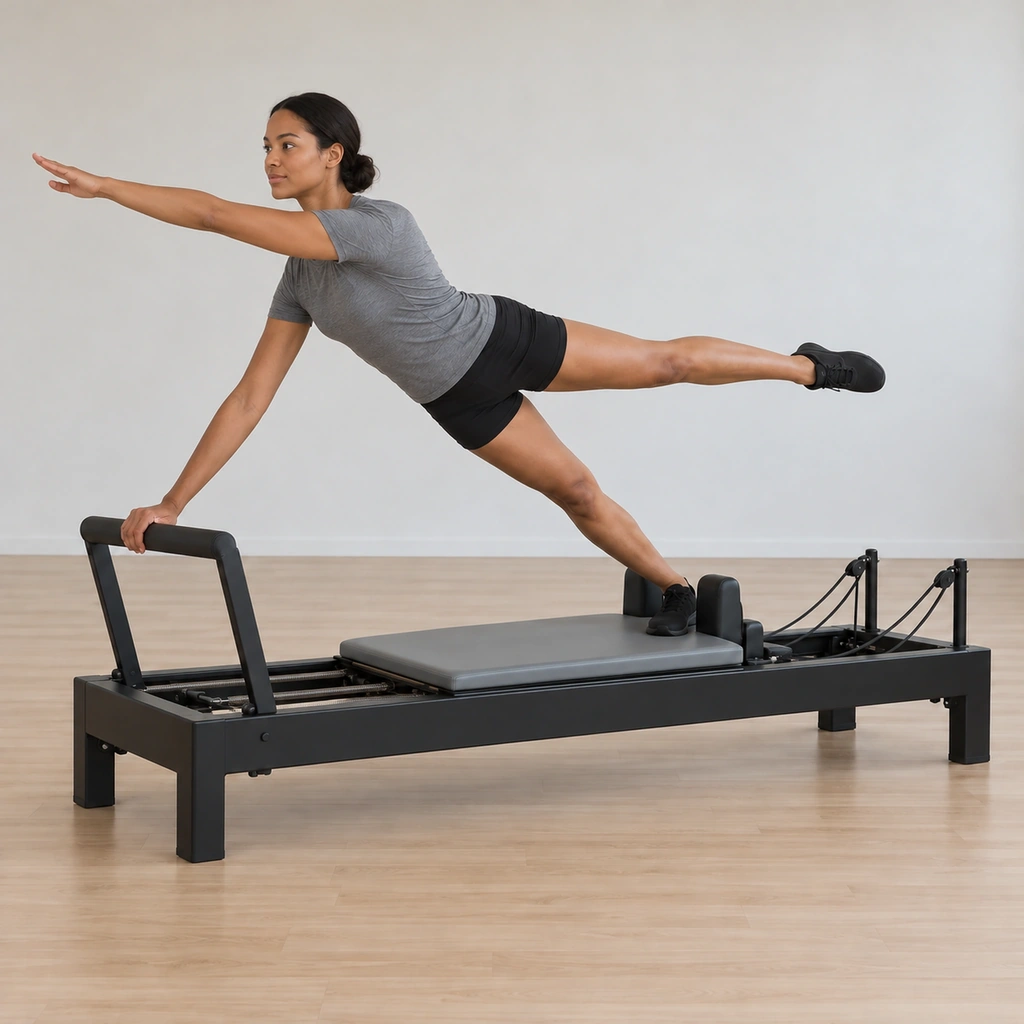With the carriage held open, her top arm reaches forward and her top leg reaches back, the split reach lengthening her side while her bottom hip stays lifted.