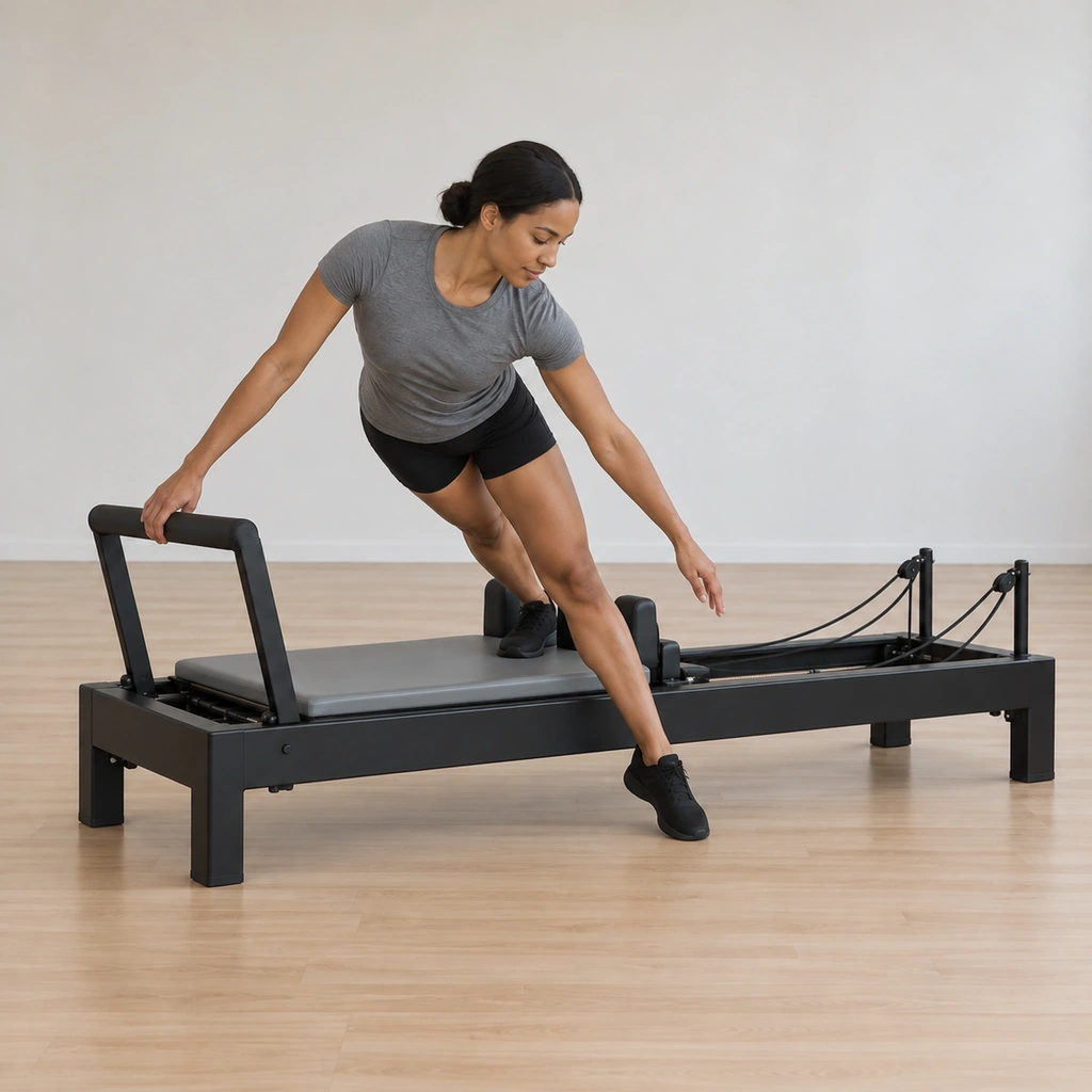 Her top arm and leg have circled up and around with the carriage closed and her top foot lands on the floor as she bends over the leg still on the carriage.
