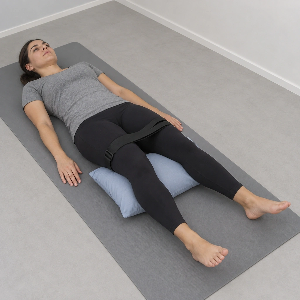 A woman lying on her back on a mat, a small pillow under both knees, a belt looped loosely around both thighs above the knees, both arms resting at her sides.