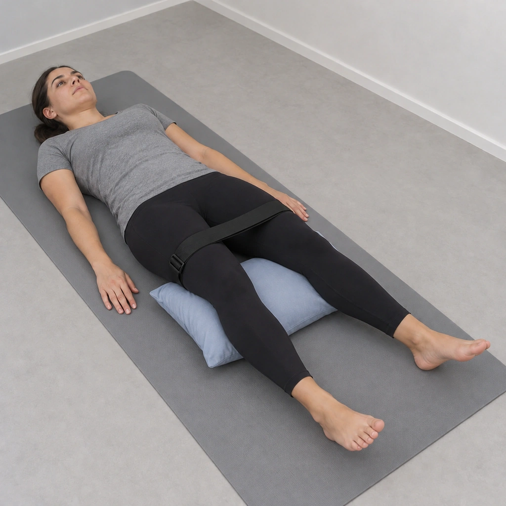 The same woman lying on her back, both thighs pressed outward so the belt looped above her knees is pulled taut, both arms still resting at her sides.