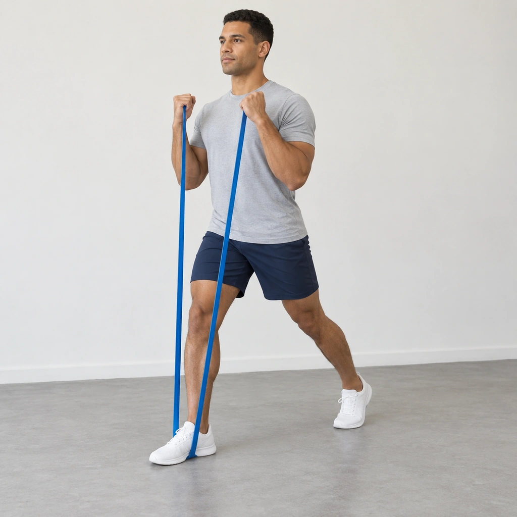 The same adult man stands tall in a staggered lunge stance, right front shoe pinning one band and left rear heel raised; both hands hold separate ends near his shoulders.