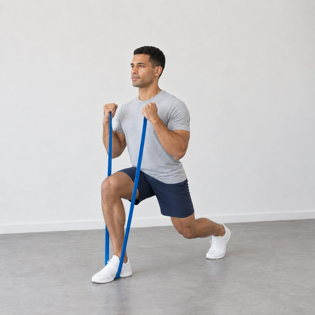 The same man lowers straight down into the split squat, front knee above the toes, rear heel raised and both band ends still held near his shoulders; the strands remain taut but shorter than while standing.