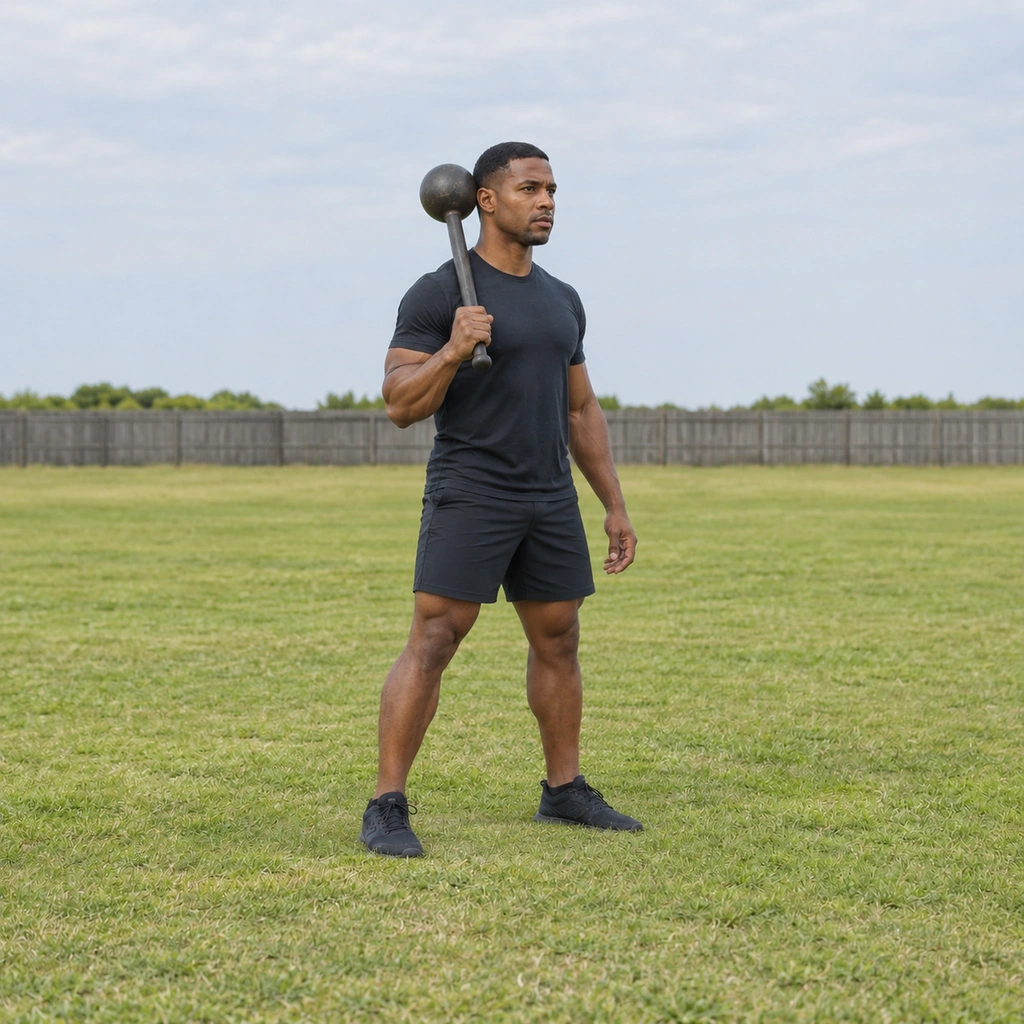 A man catching the steel club in the order position, elbow tucked to the hip and wrist neutral.
