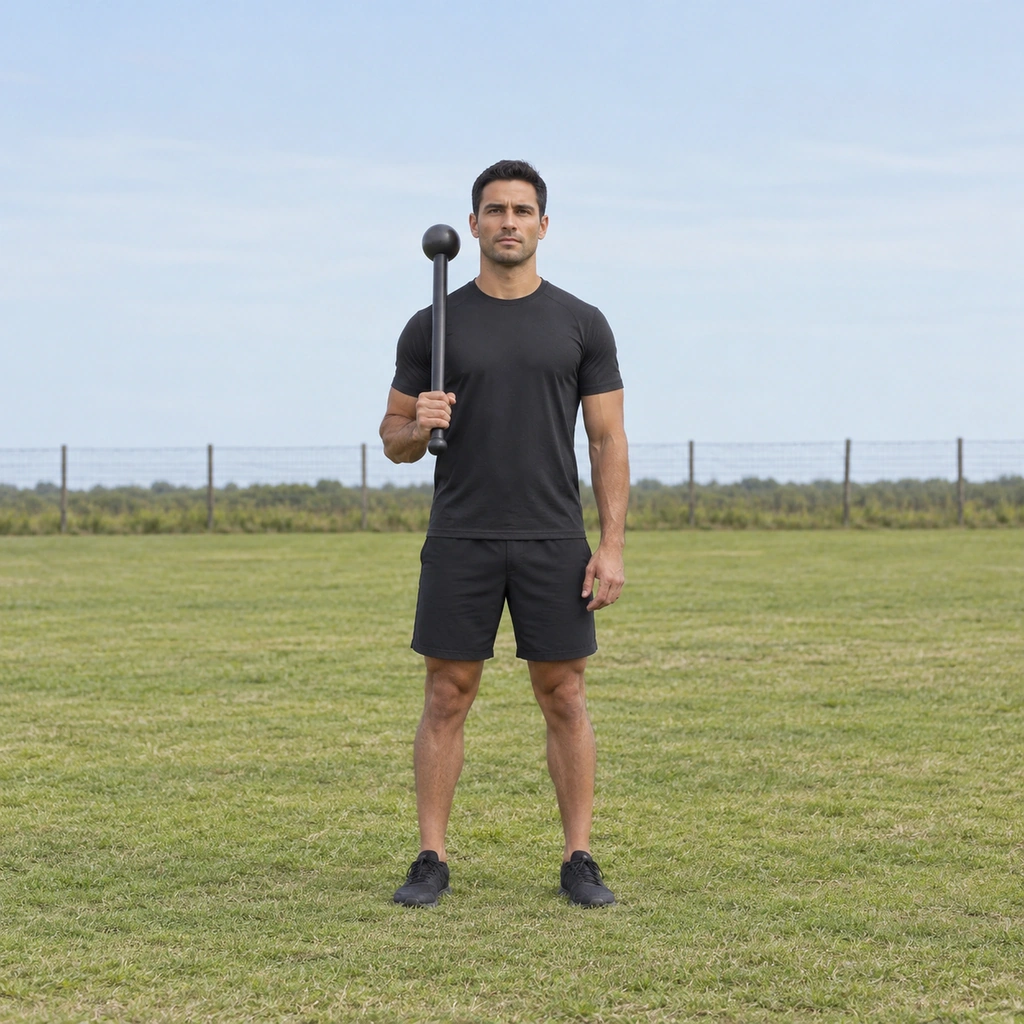 A man standing tall holding a steel club in the guard position beside his shoulder, the club head resting downward.