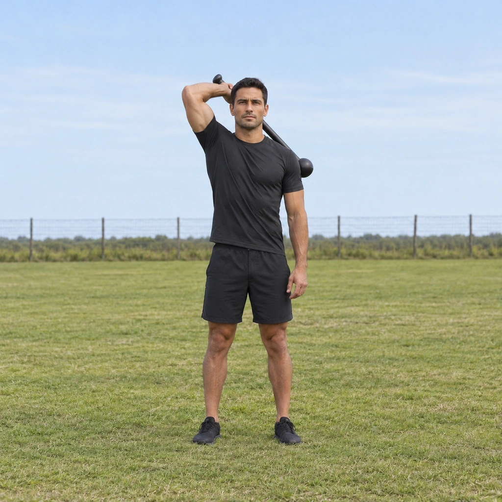 A man casting a steel club up over his opposite shoulder, the club head travelling toward the opposite back pocket.