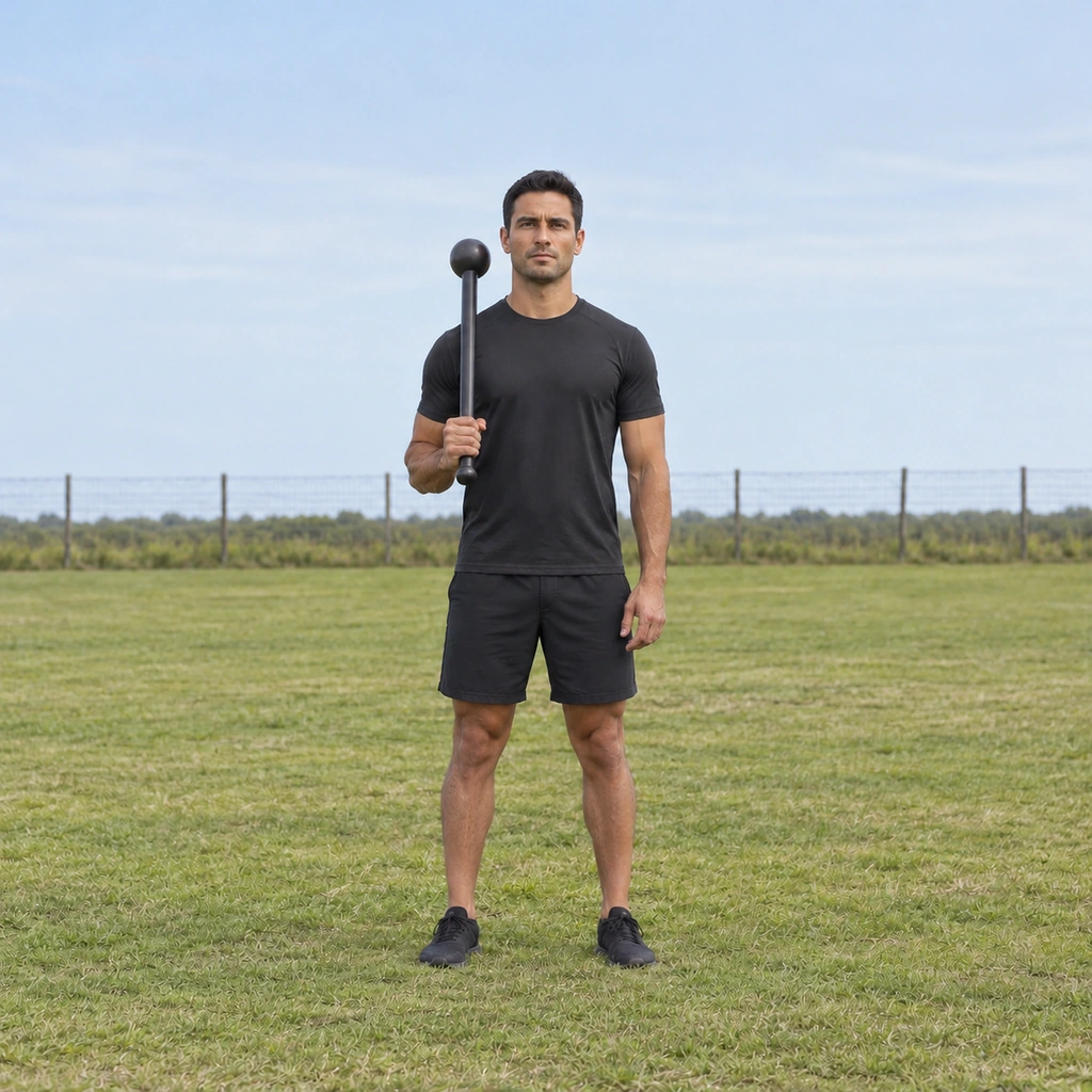 A man pulling the steel club back up to the guard position by drawing the elbow down.