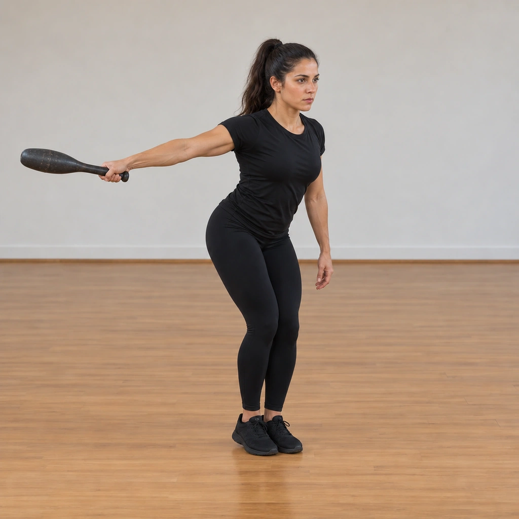 The woman has shifted her weight onto her right leg and cast the steel club out to her right side, her arm locked at full length, her torso rotated toward the cast, her shoulder still packed.