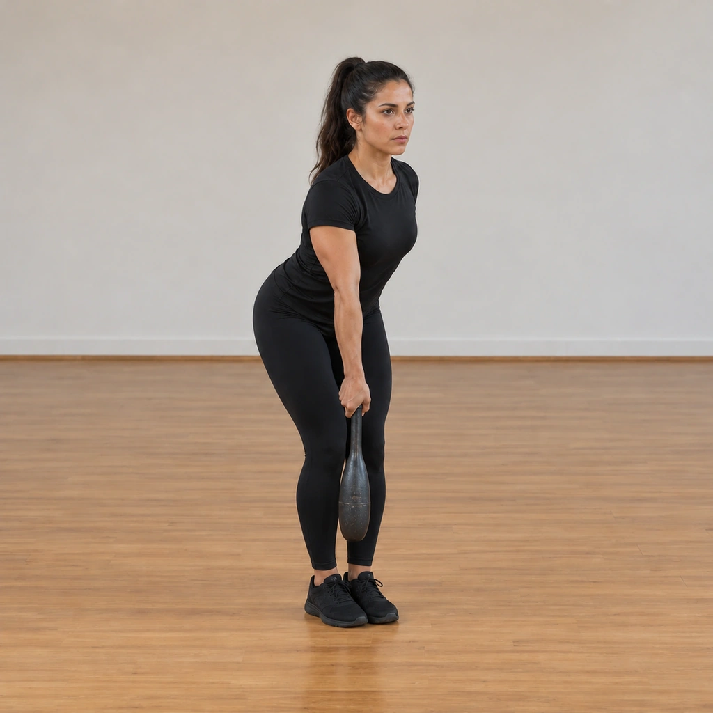 The woman has controlled the club across her body's centerline and is bringing it back to settle at her right side, her shoulder packed, the mill completing.
