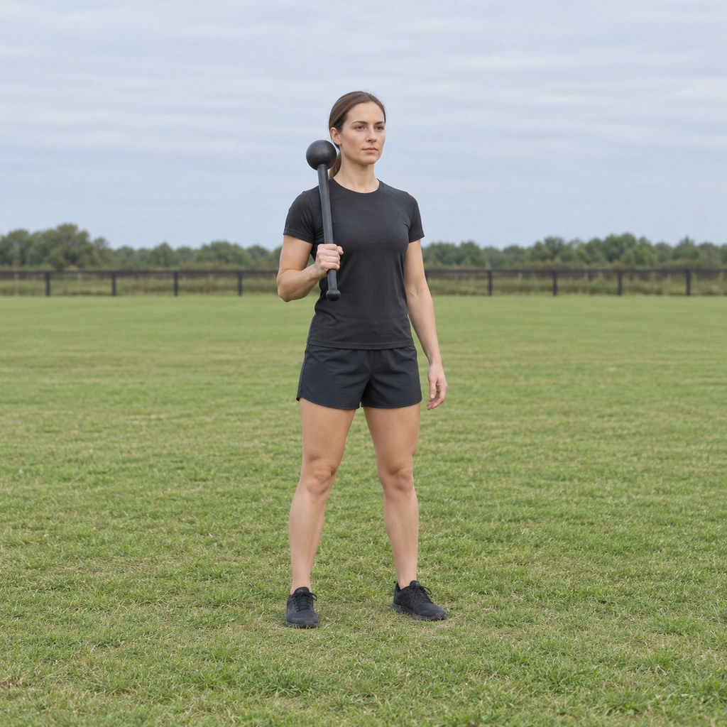 A woman standing tall holding a steel club in the order position beside her shoulder.